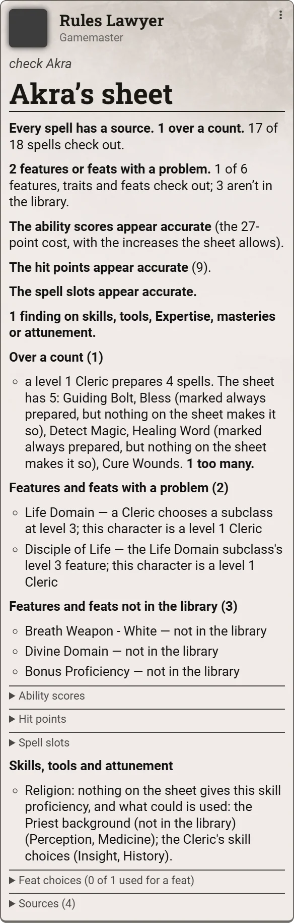 Rules Lawyer's sheet check for Akra, a level 1 Cleric: one prepared spell too many, a subclass taken before level 3, three features not in the library, and ability scores, hit points and spell slots that check out.