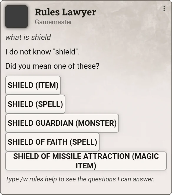 Rules Lawyer's card for 'what is shield': it offers buttons for Shield the item, Shield the spell, Shield Guardian, Shield of Faith and Shield of Missile Attraction.