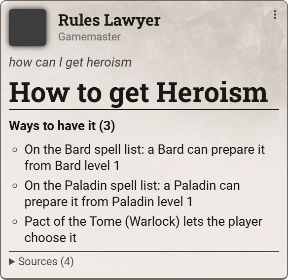 Rules Lawyer's card for 'how can I get heroism': on the Bard and Paladin spell lists from level 1, and through the Warlock's Pact of the Tome.
