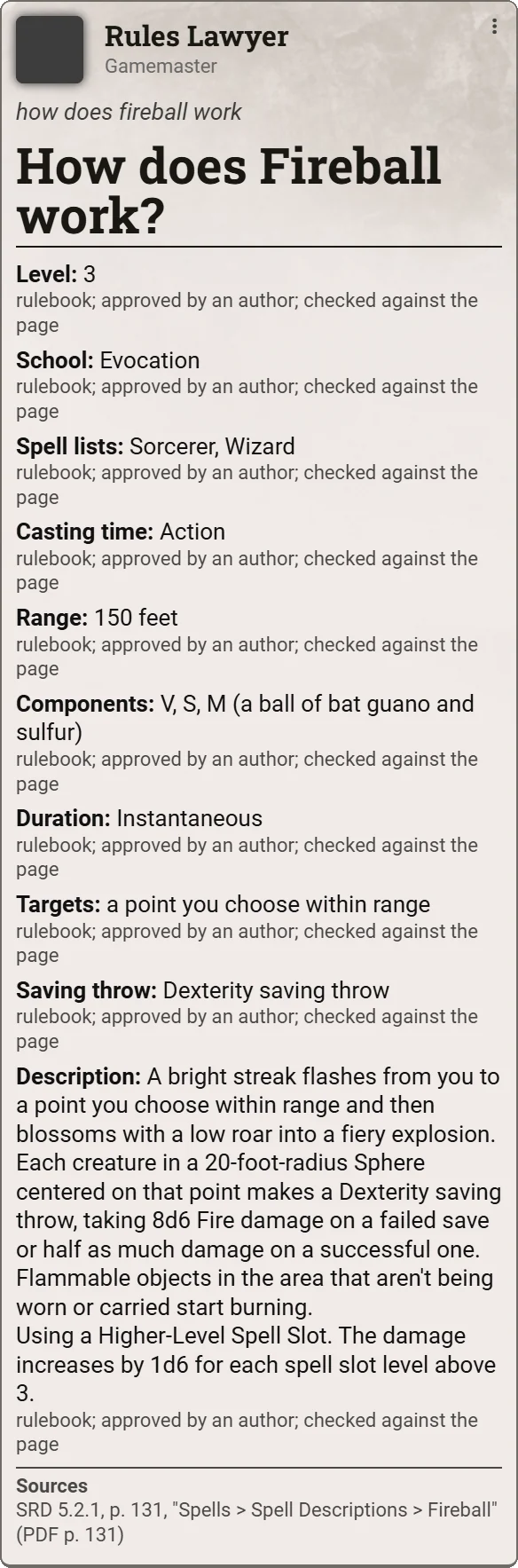 Rules Lawyer's chat card for 'how does fireball work': level, school, spell lists, casting time, range, components, duration, targets, saving throw and description, cited to SRD 5.2.1 page 131.