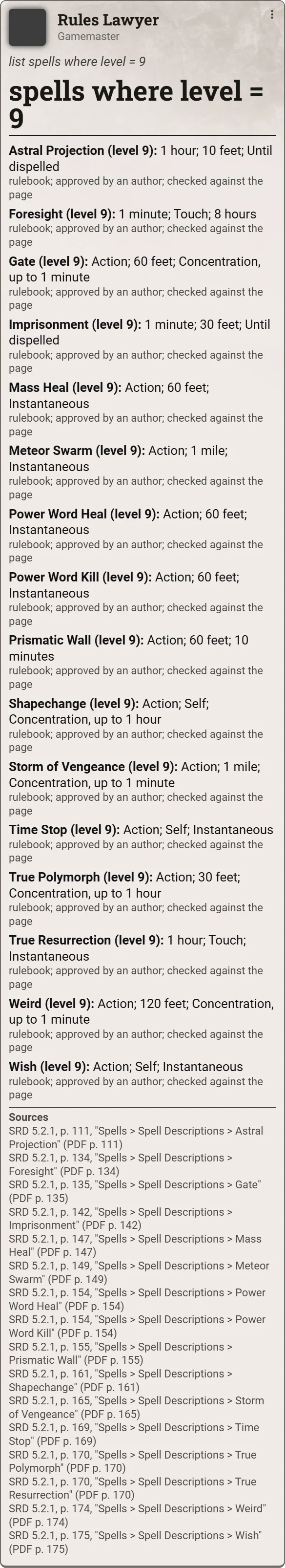 Rules Lawyer's card for 'list spells where level = 9': the sixteen level 9 spells, each with casting time, range and duration.