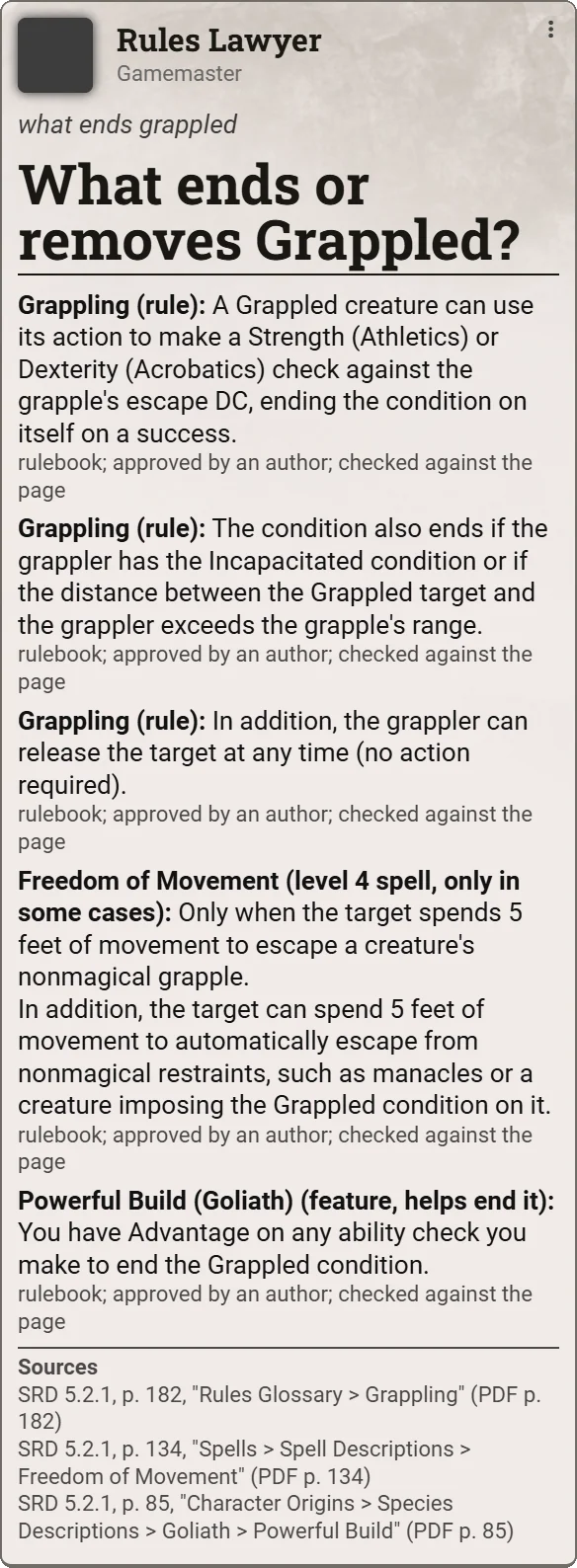 Rules Lawyer's chat card for 'what ends grappled': three ways from the Grappling rule, Freedom of Movement, and the Goliath's Powerful Build, each cited to its SRD 5.2.1 page.