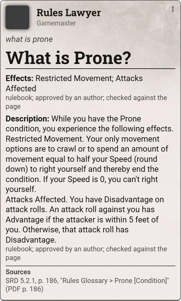 Rules Lawyer's card for 'what is prone': its effects and description, cited to SRD 5.2.1 page 186.
