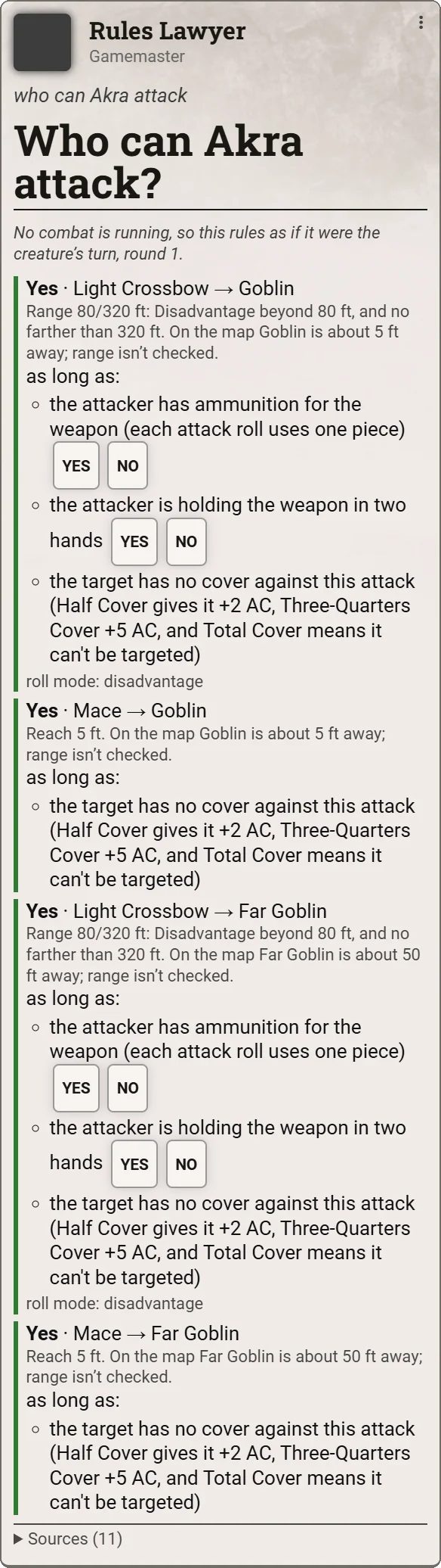 Rules Lawyer's chat card for 'who can Akra attack': Yes with a light crossbow or a mace against each goblin, with the distance on the map, the conditions to confirm, and Yes and No buttons.